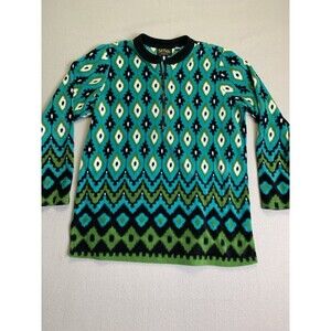 Bob Mackie Wearable Art Fleece Womans Sz M Boho Teal Green Black 1/4 Zip Jacket